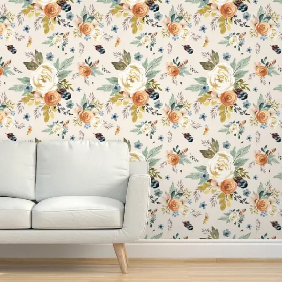 Pre-Pasted Wallpaper 2FT Wide Western Autumn Florals Ivory Rustic Floral Watercolor Boho Chic Feather Woodland Girly Custom Pre-pasted Wallpaper by Spoonflower {5}
