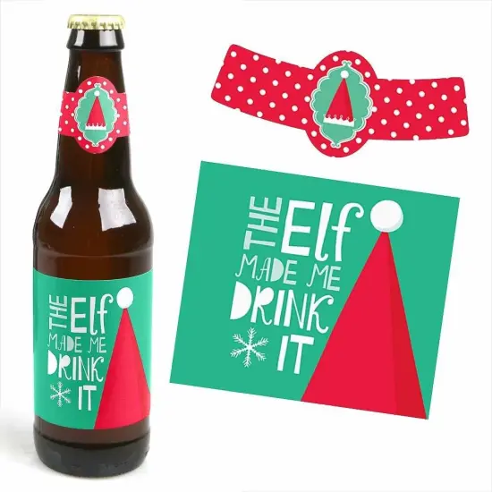 Big Dot of Happiness Elf Squad - Elf Christmas Decorations for Women and Men - 6 Beer Bottle Label Stickers and 1 Carrier {4}