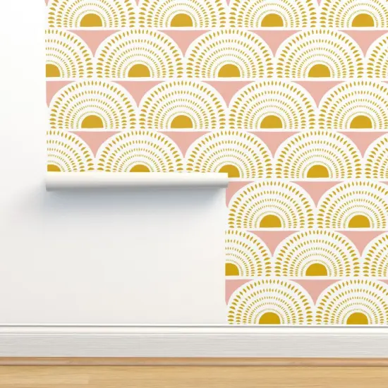 Pre-Pasted Wallpaper 2FT Wide Geometric Blush Gold Scallops Semicircles Art Deco Inspired Mustard Mod Custom Pre-pasted Wallpaper by Spoonflower {2}
