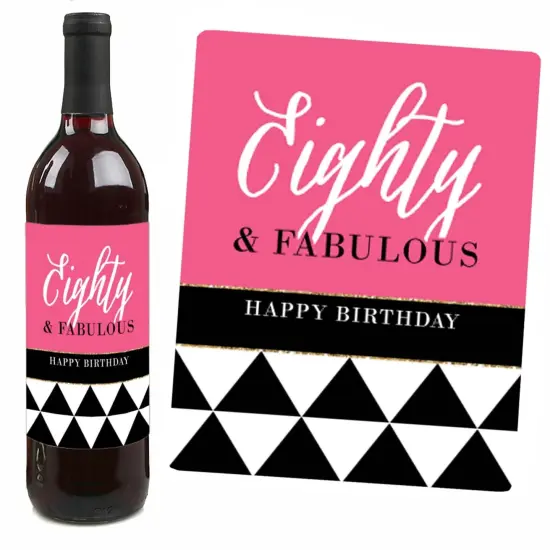 Big Dot of Happiness Chic 80th Birthday - Pink, Black and Gold - Birthday Gift For Women - Wine Bottle Label Stickers - Set of 4 {7}