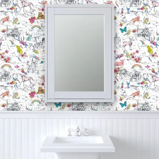 Peel & Stick Wallpaper 2FT Wide Unicorn Fairy Tale Rainbow Toile Castle Mermaid Rabbit Butterfly Bear Custom Removable Wallpaper by Spoonflower {6}