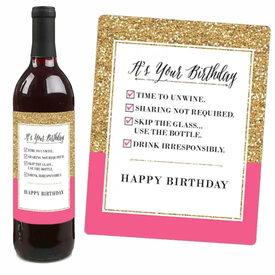 Big Dot of Happiness Chic Happy Birthday - Pink, Black and Gold - Birthday Gift For Women - Wine Bottle Label Stickers - Set of 4 {4}
