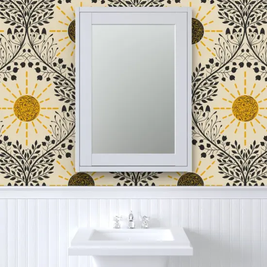 Pre-Pasted Wallpaper 2FT Wide Retro Boho Sun Retro Sun Mushroom Organic Mushrooms Sunshine Botanical Ogee Weather Textured Yellow And Black Flowers Custom Pre-pasted Wallpaper by Spoonflower {6}