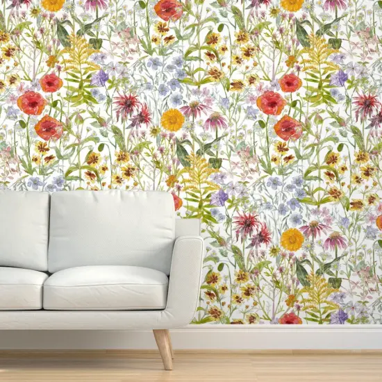 Peel & Stick Wallpaper 2FT Wide Wildflowers Green Red Floral Poppies Hand Drawn Ink Novelty Watercolor Columbine Chamomile Bee Balm Bell Flower Creeping Phlox Spider Custom Removable Wallpaper by Spoonflower {5}