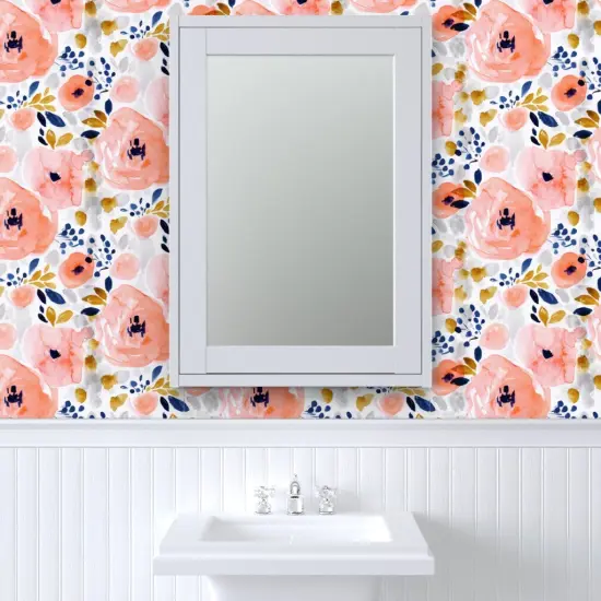 Peel & Stick Wallpaper 2FT Wide Peachy Pink Floral Roses Romantic Navy Mustard Gold Watercolor Blush Coral Custom Removable Wallpaper by Spoonflower {6}