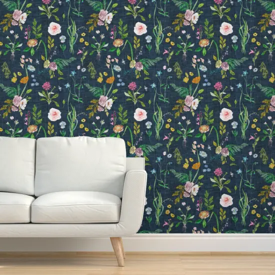 Pre-Pasted Wallpaper 2FT Wide Floral Summer Daisy Navy Blue Flowers Rose Vintage Custom Pre-pasted Wallpaper by Spoonflower {5}