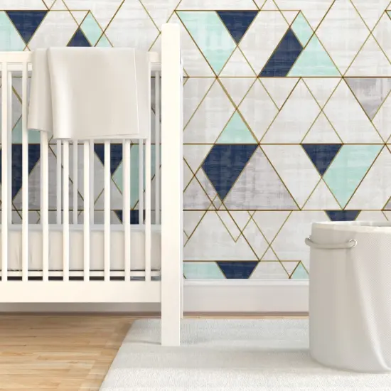 Pre-Pasted Wallpaper 2FT Wide Vintage Navy Mint Geo Blue Green Custom Pre-pasted Wallpaper by Spoonflower {7}