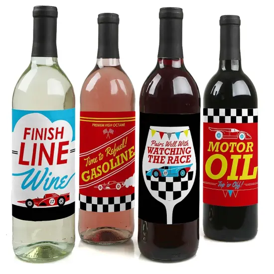 Big Dot of Happiness Let's Go Racing - Racecar Decorations for Women and Men - Race Car Party Wine Bottle Label Stickers - Set of 4 {1}