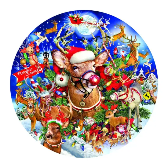 Sunsout Reindeer Madness 1000 pc Round Christmas Jigsaw Puzzle 35114 {1}