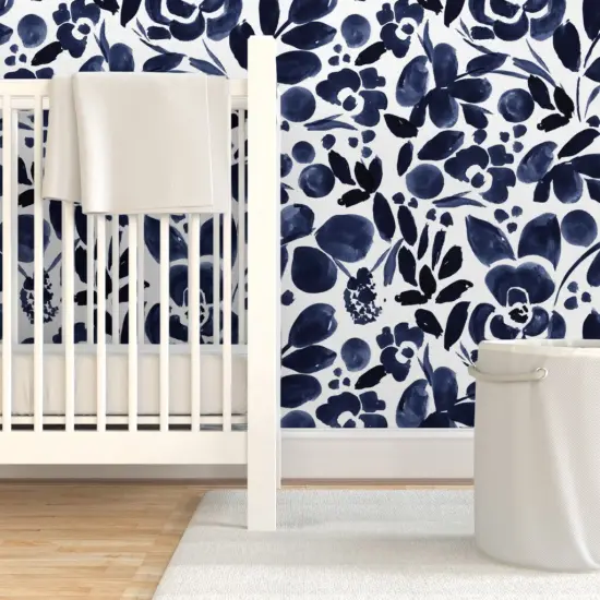 Pre-Pasted Wallpaper 2FT Wide Navy Blue White Floral Dark Indigo Watercolor Romantic Flowers Custom Pre-pasted Wallpaper by Spoonflower {7}