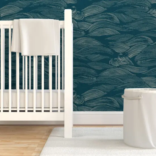 Pre-Pasted Wallpaper 2FT Wide Blue Waves Abstract Water Sea Ocean Marine Teal Custom Pre-pasted Wallpaper by Spoonflower {7}