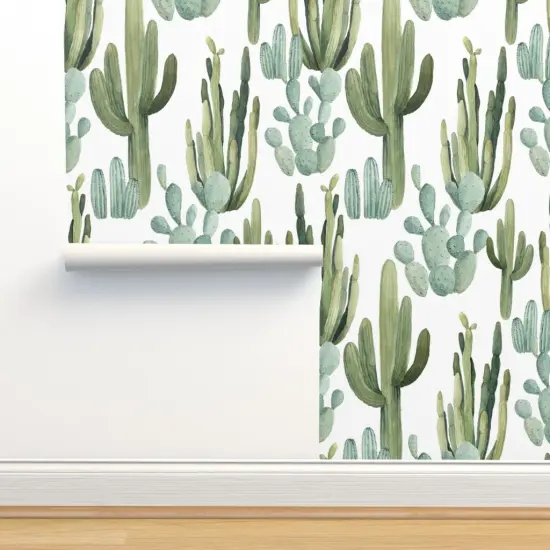Pre-Pasted Wallpaper 2FT Wide Desert Cactus Greenery Cacti Watercolor Southwestern Boho Nursery Succulents Kid Decor Custom Pre-pasted Wallpaper by Spoonflower {2}