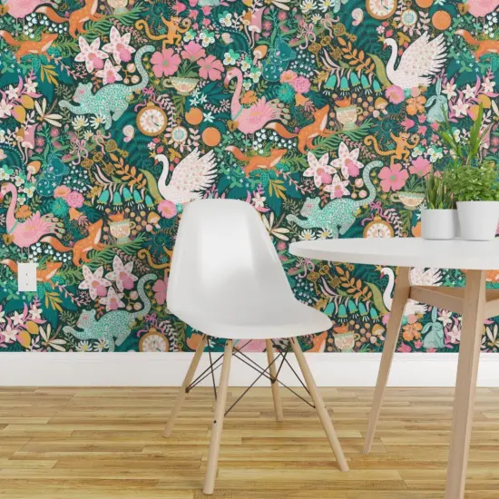 Pre-Pasted Wallpaper 2FT Wide Tea Time Teal Turquoise Keys Citrus Monkey Flamingo Swan Fox Custom Pre-pasted Wallpaper by Spoonflower {1}