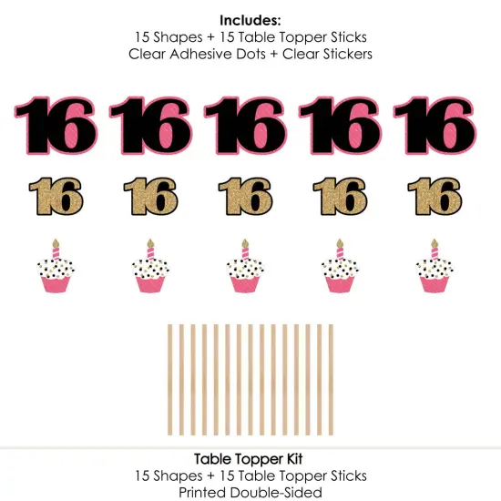 Big Dot of Happiness Chic 16th Birthday - Pink, Black and Gold - Birthday Party Centerpiece Sticks - Table Toppers - Set of 15 {7}