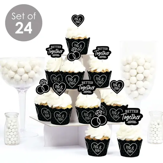 Big Dot of Happiness Mr. and Mrs. - Cupcake Decoration - Black and White Wedding or Bridal Shower Cupcake Wrappers and Treat Picks Kit - Set of 24 {3}