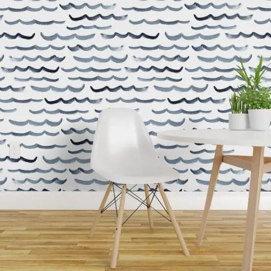 Peel & Stick Wallpaper 2FT Wide Watercolor Ocean Modern Nautical Blue And White Abstract Waves Maritime Beach Custom Removable Wallpaper by Spoonflower {1}