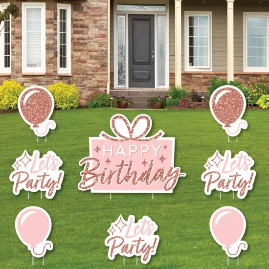 Big Dot of Happiness Pink Rose Gold Birthday - Yard Sign and Outdoor Lawn Decorations - Happy Birthday Party Yard Signs - Set of 8 {1}