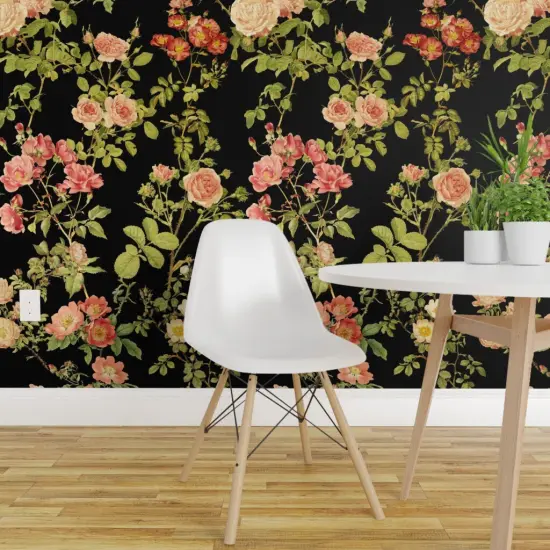 Pre-Pasted Wallpaper 2FT Wide Moody Floral Rose Flower Vintage Victorian Black English Dark Custom Pre-pasted Wallpaper by Spoonflower {1}