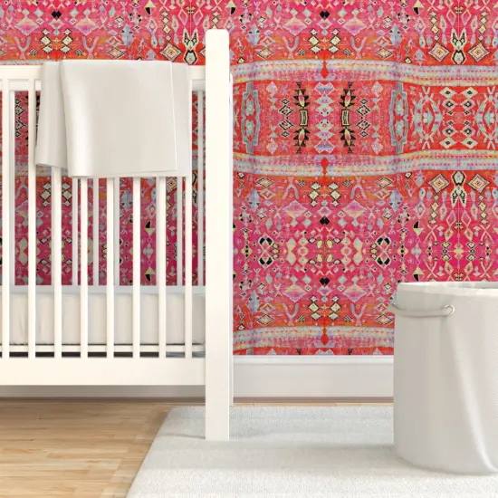 Pre-Pasted Wallpaper 2FT Wide Tropical Orange Pink Moroccan Style Turkish Inspired Kilim Boho Sunset Custom Pre-pasted Wallpaper by Spoonflower {7}