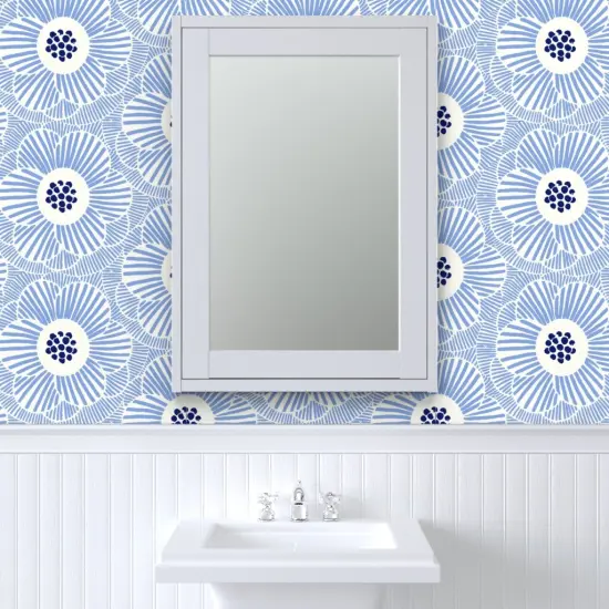 Pre-Pasted Wallpaper 2FT Wide Blue Camellia Floral Modern Abstract Hand-Drawn Large Scale Custom Pre-pasted Wallpaper by Spoonflower {6}