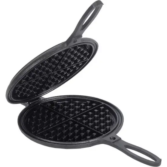Lehmans Cast Iron Waffle Maker - Two Piece Hinged Non-Electric Waffle Iron for Stovetop or Grill Makes 7 inch Round Waffles - Non-Drip Double Rim - 8 pounds {1}