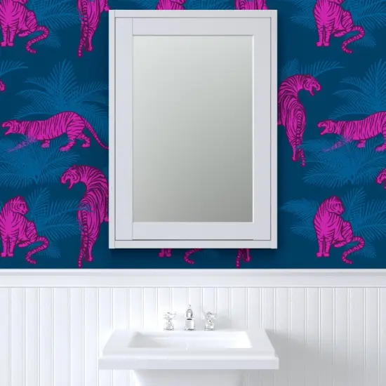 Peel & Stick Wallpaper 2FT Wide Maximalist Tigers Neon Pink Opulent Jungle Large Scale Hollywood Regency Custom Removable Wallpaper by Spoonflower {6}