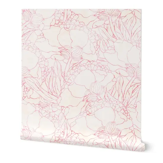 Peel & Stick Wallpaper 2FT Wide Pink Flower Floral Blossom Outline Peony Botanical Light Pat Custom Removable Wallpaper by Spoonflower {7}