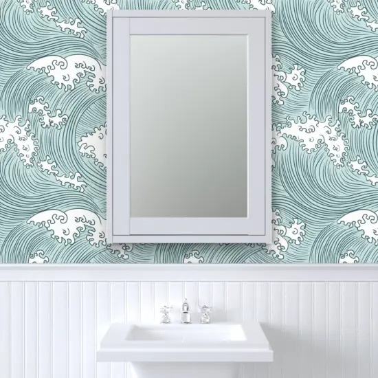 Pre-Pasted Wallpaper 2FT Wide Rolling Waves Vintage Asian Chinese Japan Japanese Water Line Summer Doodle Home Decor Sea Ocean Wave Custom Pre-pasted Wallpaper by Spoonflower {6}