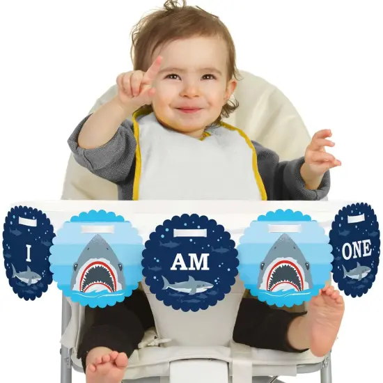 Big Dot of Happiness Shark Zone 1st Birthday Highchair Decor - I Am One - First Birthday High Chair Banner {1}