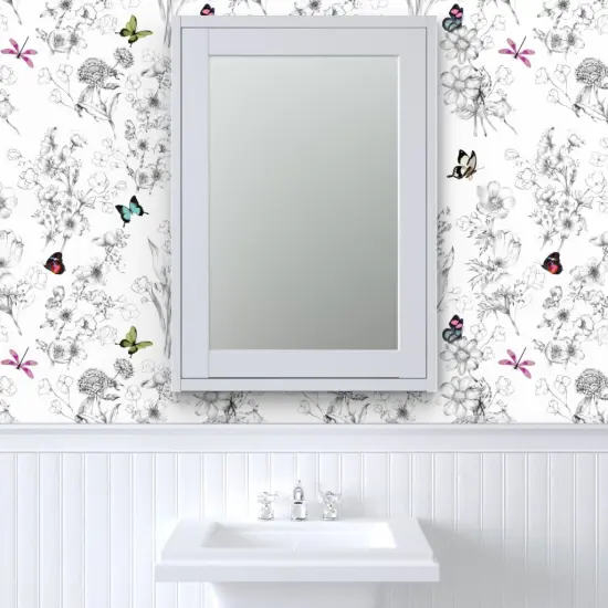 Pre-Pasted Wallpaper 2FT Wide Butterflies Butterfly Sketch Black And White Botanical Custom Pre-pasted Wallpaper by Spoonflower {6}