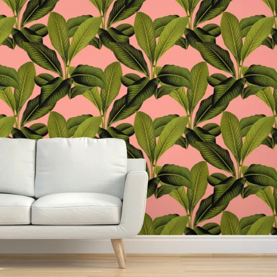 Peel & Stick Wallpaper 2FT Wide Tropical Botanical Coral Pink Palm Leaves Green Tree Banana Leaf Custom Removable Wallpaper by Spoonflower {5}