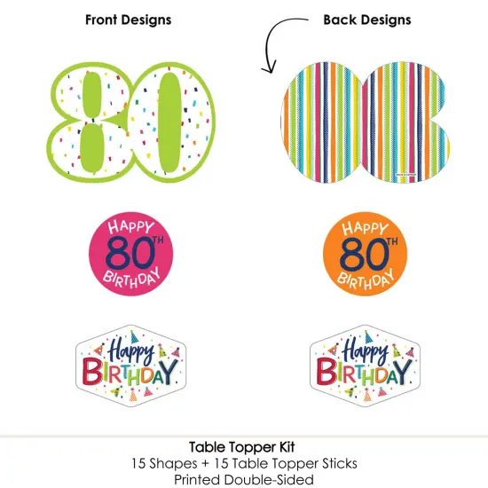 Big Dot of Happiness 80th Birthday - Cheerful Happy Birthday - Colorful Eightieth Birthday Party Centerpiece Sticks - Table Toppers - Set of 15 {6}