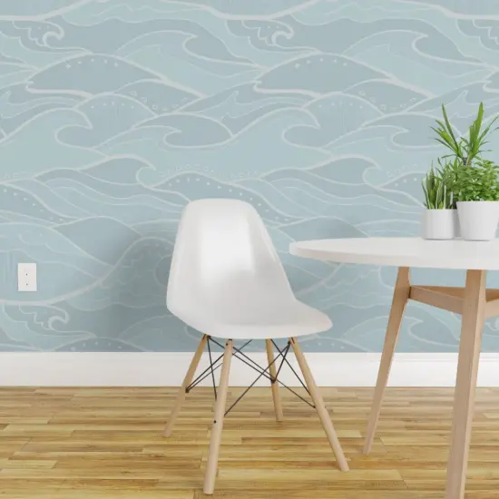Peel & Stick Wallpaper 2FT Wide Monochrome Waves Light Green Blue Ocean Tide Modern Baby Nursery Marine Sea Nautical Custom Removable Wallpaper by Spoonflower {1}
