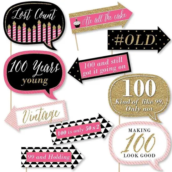 Big Dot of Happiness Funny Chic 100th Birthday - Pink, Black and Gold - Birthday Party Photo Booth Props Kit - 10 Piece {1}