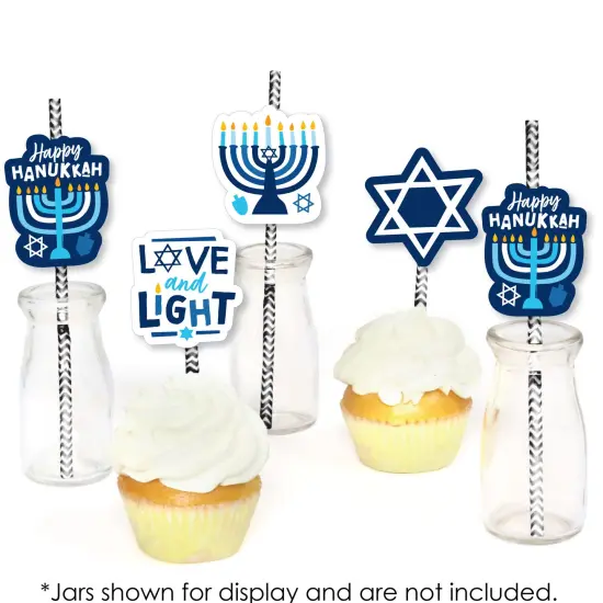 Big Dot of Happiness Hanukkah Menorah - Paper Straw Decor - Chanukah Holiday Party Striped Decorative Straws - Set of 24 {6}