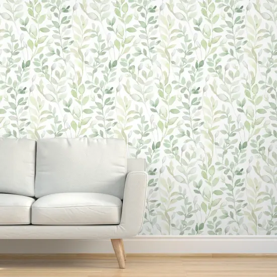 Peel & Stick Wallpaper 2FT Wide Soft Leaves White Green Leaves Nature Branches Forest Fresh Summer Large Scale Soft Midsummer Light Custom Removable Wallpaper by Spoonflower {5}