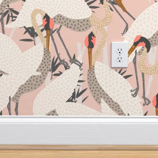 Pre-Pasted Wallpaper 2FT Wide Bird Pink White Baby Nursery Fly Flight Heron Swamp Custom Pre-pasted Wallpaper by Spoonflower {4}