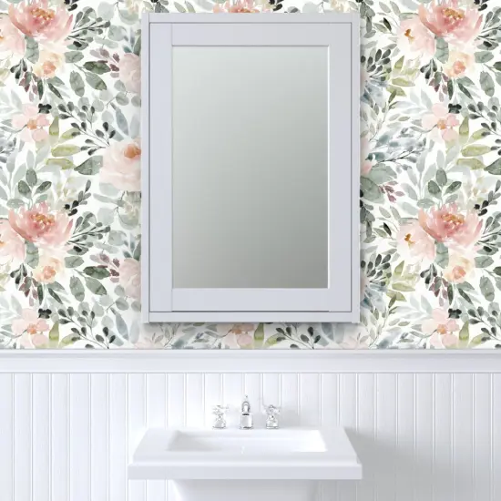 Peel & Stick Wallpaper 2FT Wide Soft Floral Watercolor Roses Sage Green Blush Baby Girl Nursery Wedding Flowers Botanical Custom Removable Wallpaper by Spoonflower 10114394 {6}