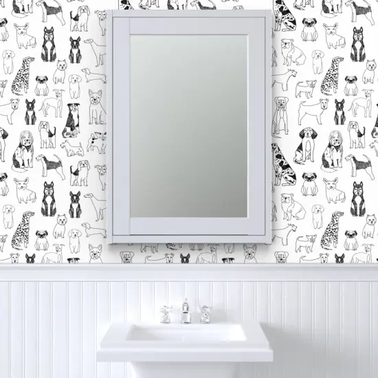 Peel & Stick Wallpaper 2FT Wide Black White Dogs Ink Drawing Dalmatian Labrador Retriever Terrier St Bernard Dog Breeds Custom Removable Wallpaper by Spoonflower {6}