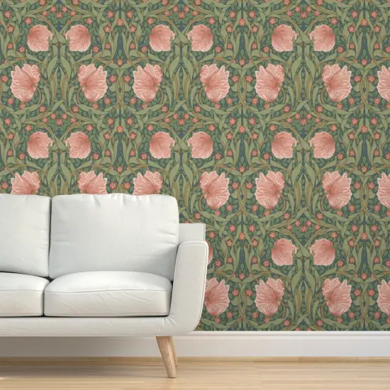 Peel & Stick Wallpaper 2FT Wide Pink Floral Green Botanical Victorian Garden William Morris Vintage Flower Leaves Art Nouveau Large Scale Custom Removable Wallpaper by Spoonflower {5}