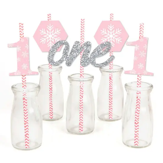 Big Dot of Happiness Pink Onederland - Paper Straw Decor - Holiday Snowflake Winter Wonderland Birthday Party Striped Decorative Straws - Set of 24 {1}