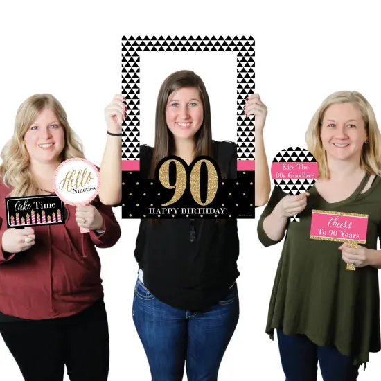 Big Dot of Happiness Chic 90th Birthday - Pink, Black and Gold - Birthday Party Selfie Photo Booth Picture Frame & Props - Printed on Sturdy Material {1}