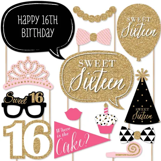 Big Dot of Happiness Chic 16th Birthday - Pink, Black and Gold - Photo Booth Props Kit - 20 Count {1}