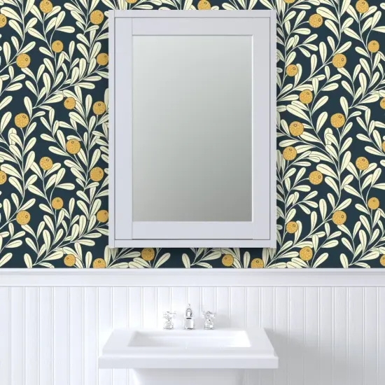 Pre-Pasted Wallpaper 2FT Wide Vines Wallpaper Plants Art Deco Citrus Navy Lemons Mustard Botanical Gardens Climbing Custom Pre-pasted Wallpaper by Spoonflower {6}
