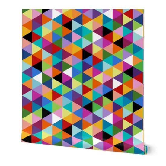 Peel & Stick Wallpaper 2FT Wide Colorful Geometric Triangle Cheater Quilt Pattern Happy Multi Color Modern Triangles Pop Art Colors Abstract Kid Room Shapes Custom Removable Wallpaper by Spoonflower {7}