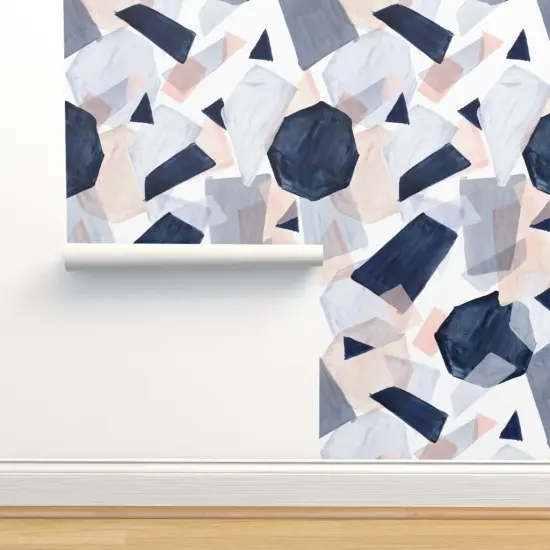 Pre-Pasted Wallpaper 2FT Wide Geo Shapes Navy Blush Watercolor Soft Mod Geometric Abstract Boho Pastel Custom Pre-pasted Wallpaper by Spoonflower {2}
