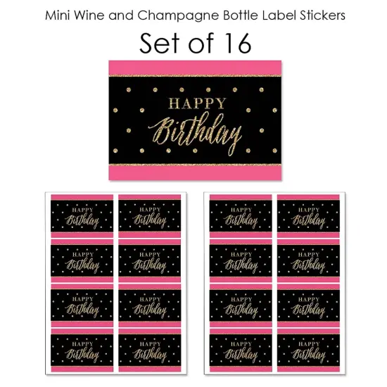 Big Dot of Happiness Chic Happy Birthday - Pink, Black and Gold - Mini Wine & Champagne Bottle Label Stickers - Birthday Party Favor Gift - Set of 16 {7}