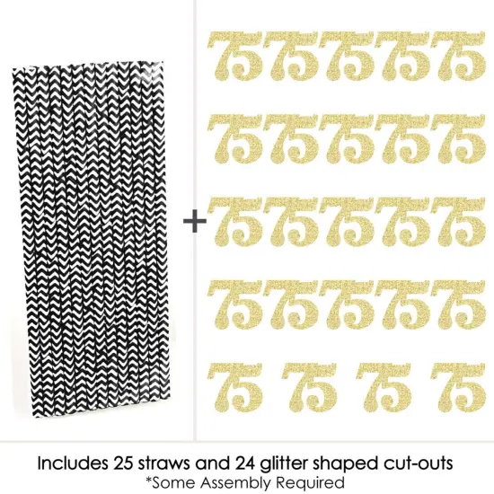 Big Dot of Happiness Gold Glitter 75 Party Straws - No-Mess Real Gold Glitter Cut-Out Numbers & Decorative 75th Birthday Party Paper Straws - 24 Ct {6}