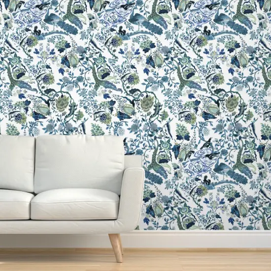 Peel & Stick Wallpaper 2FT Wide Green Blue Chinoiserie Floral Chinese Inspired Classic Custom Removable Wallpaper by Spoonflower {5}