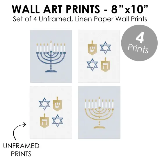 Big Dot of Happiness Happy Hanukkah - Unframed Menorah and Dreidel Chanukah Holiday Linen Paper Wall Art - Set of 4 - Artisms - 8 x 10 inches {6}